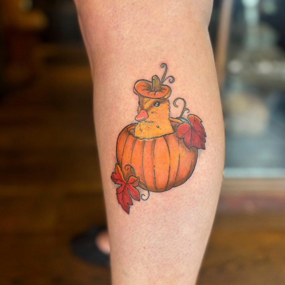 image of a tattoo of a cute duckling poking it's head out of a pumpkin with leaves either side.