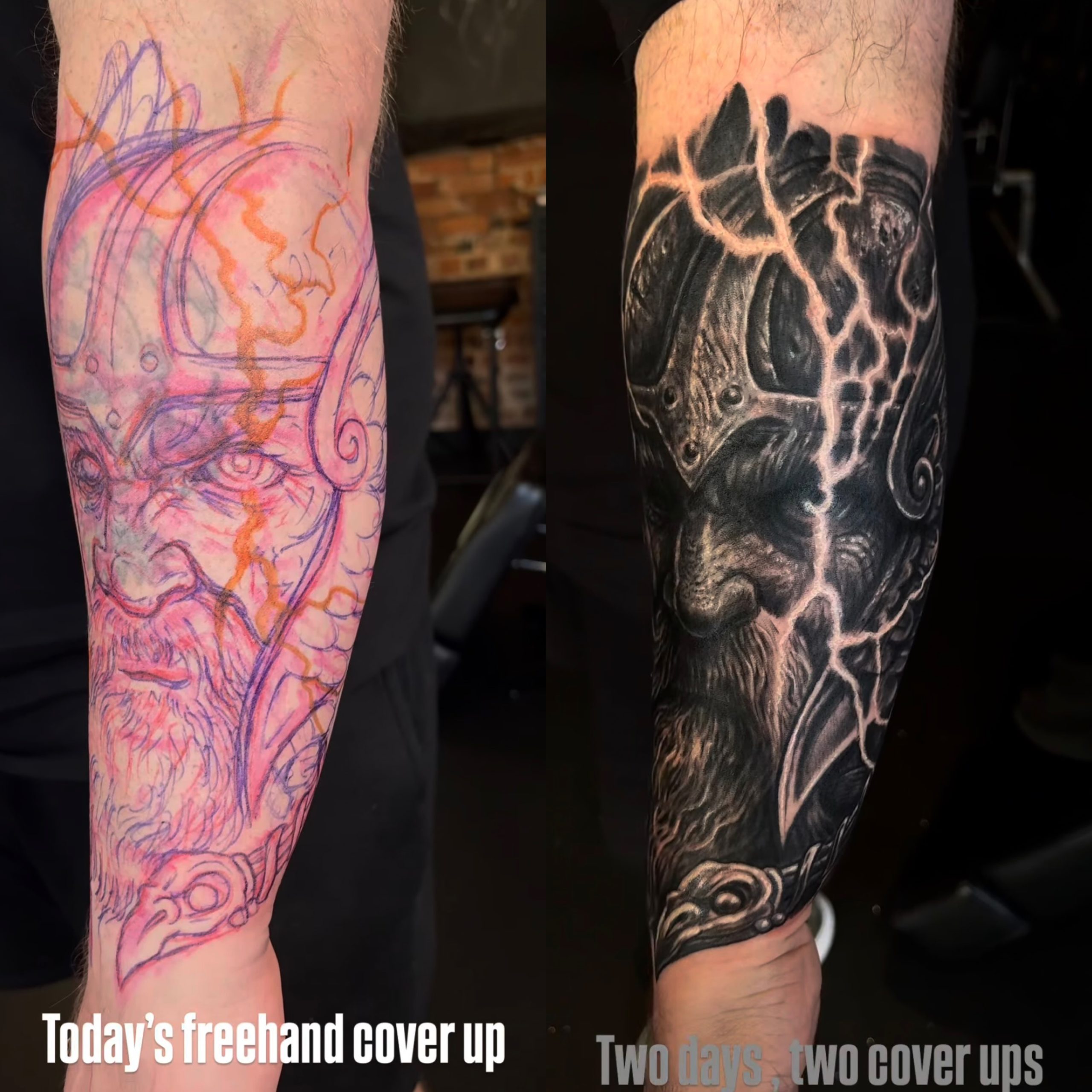 jimbo-freehand-cover-up-odin an image of a before and after freehand tattoo design of nordic god Odin