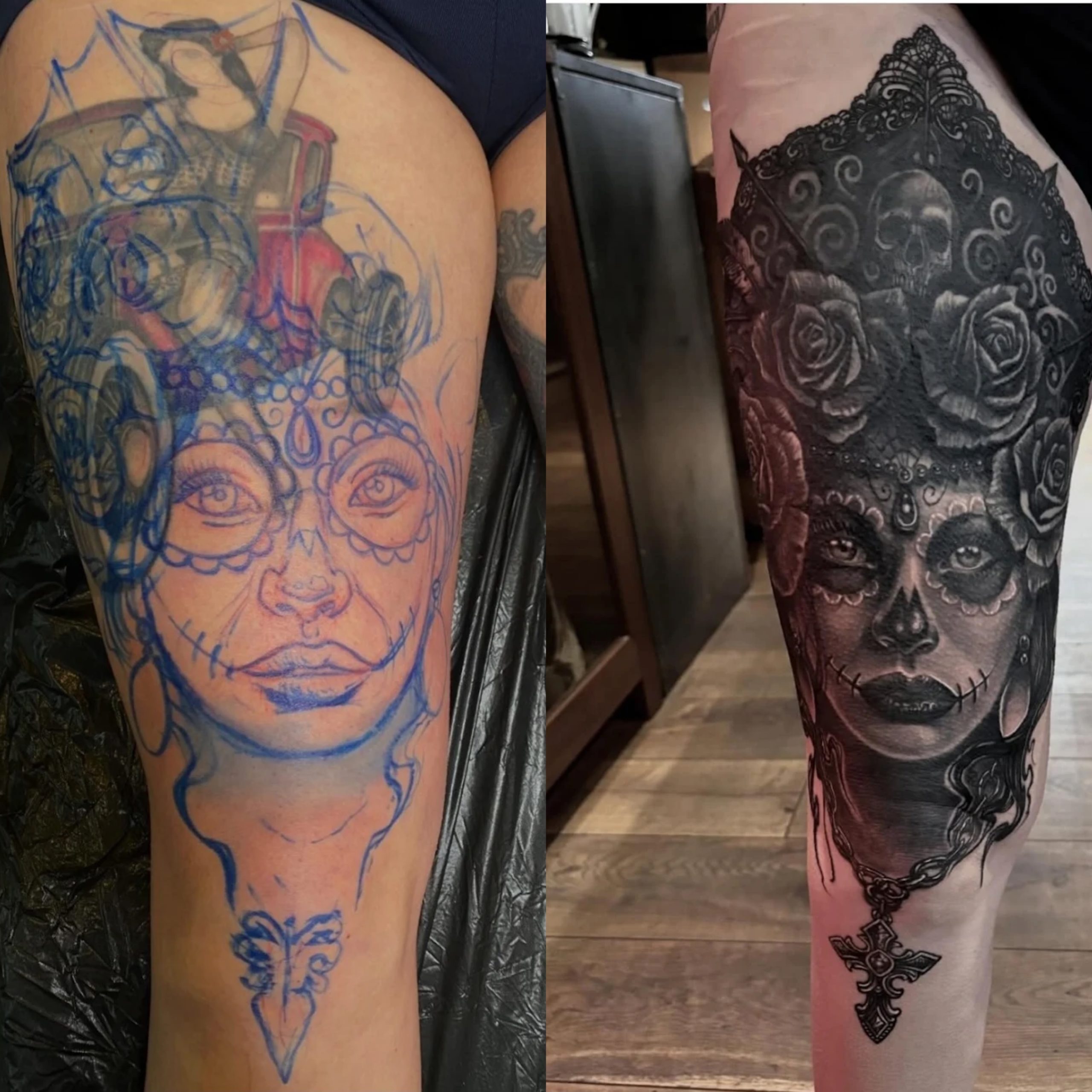 before-after-cover-up-day-of-the-dead An image of a before and after tattoo cover up. The tattoo is a thigh piece of a beautiful day of the dead lady face with roses and ornate necklace.